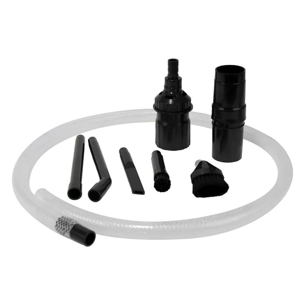 Eight-piece vacuum cleaner attachment set with various suction heads including floor brush and upholstery tool
