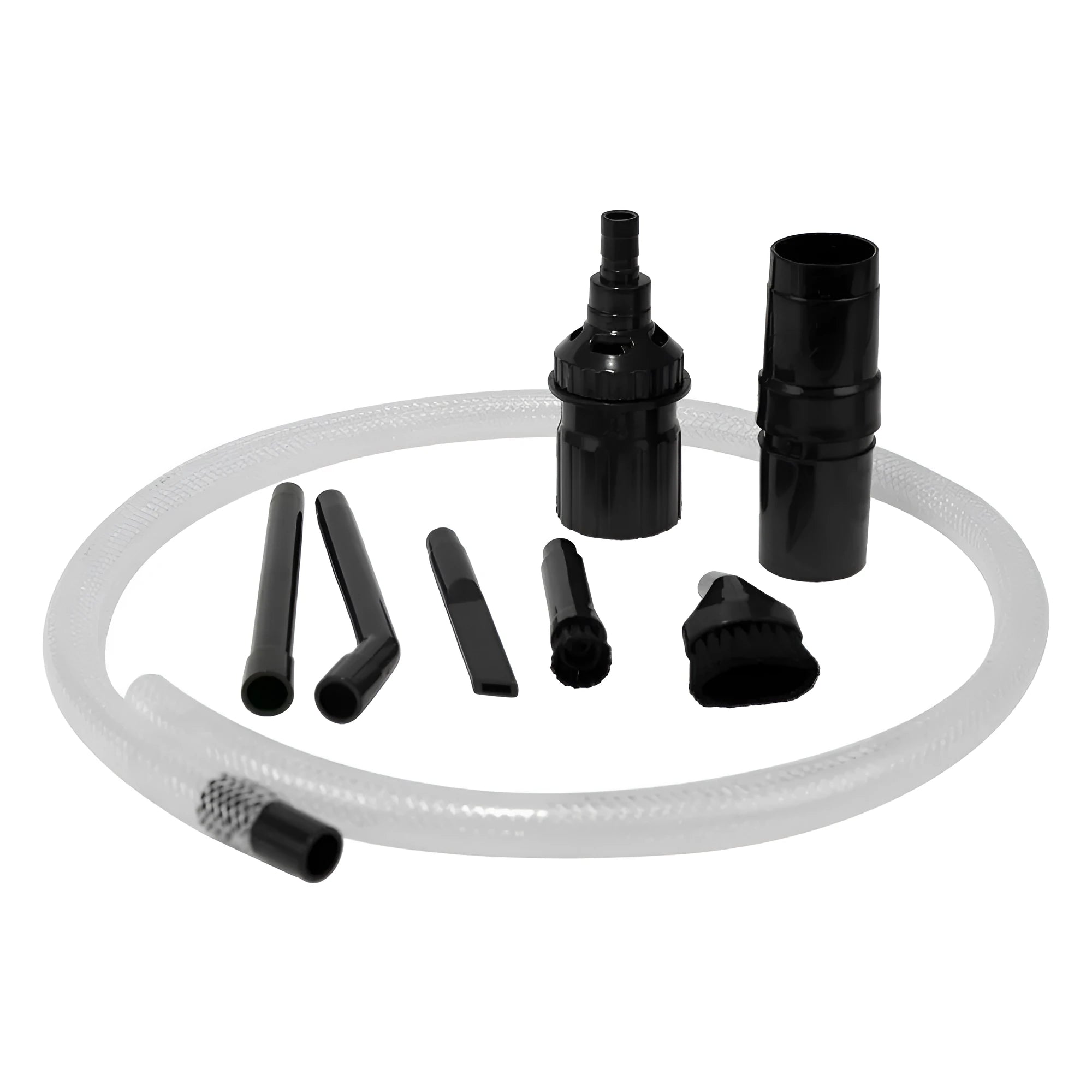 Eight-piece vacuum cleaner attachment set with various suction heads including floor brush and upholstery tool
