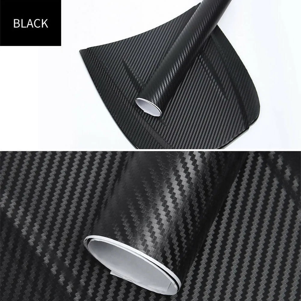 Roll of 3D carbon fibre patterned car sticker in one of eight colours, showing textured black and silver weave design