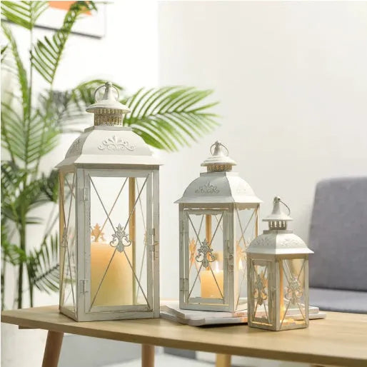 European style black and white wrought iron floor-standing storm lantern with tempered glass for courtyard decoration
