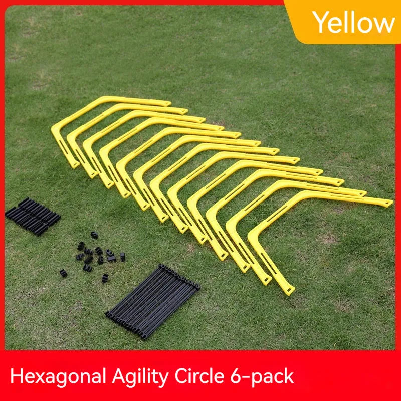 Set of six foldable yellow, green, and orange hexagon plastic agility rings for football training.