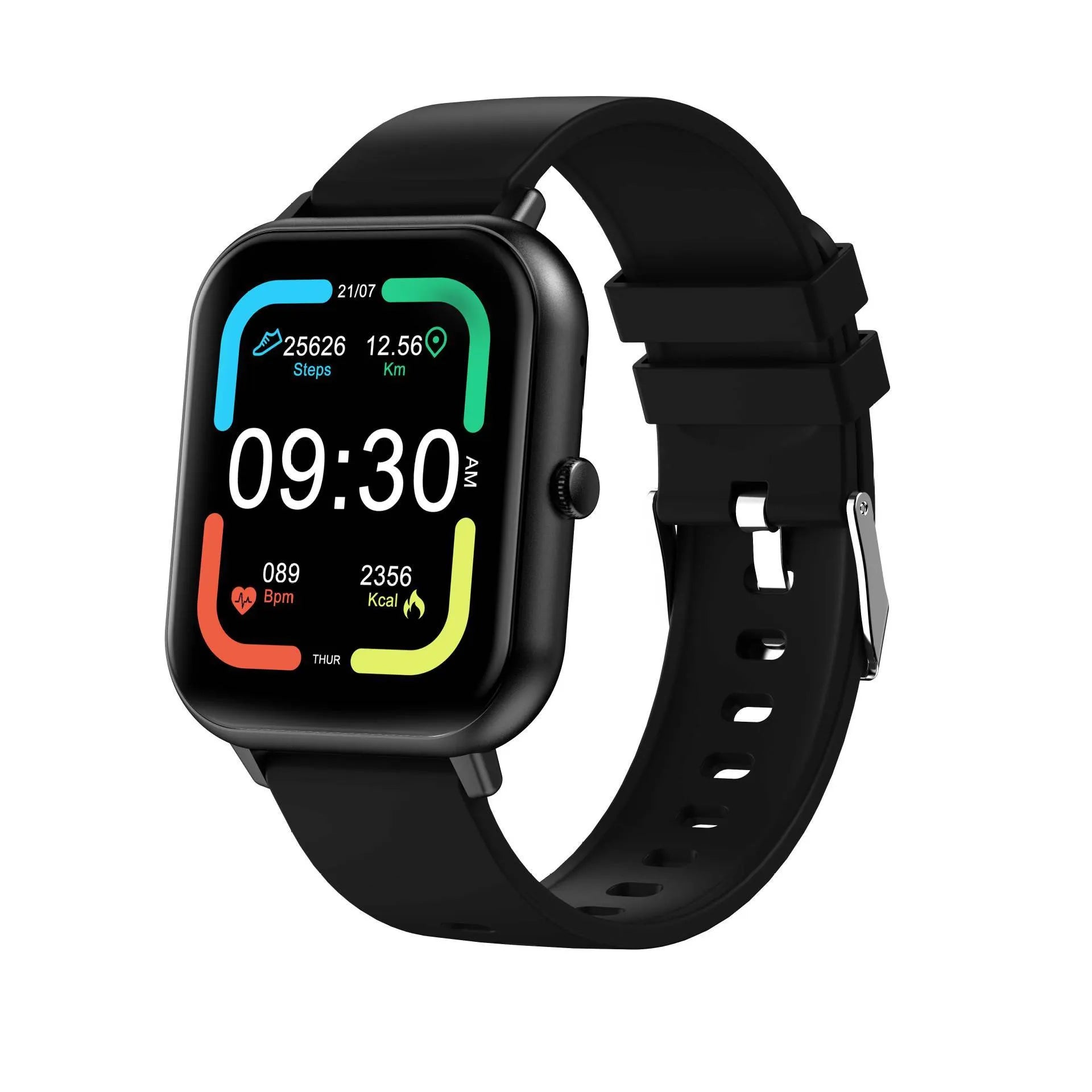 One-Click Link AI Voice Heart Rate Smart Watch in black, silver, pink, and khaki on wrist.
