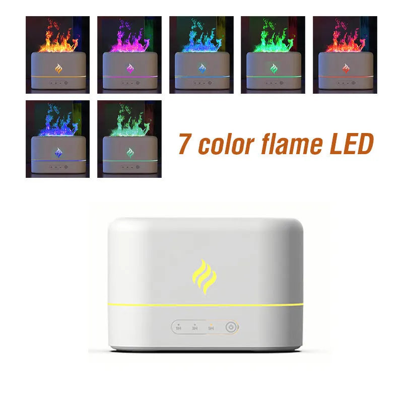 Black USB humidifier displaying a seven-colour flame effect on a desk next to a plant.