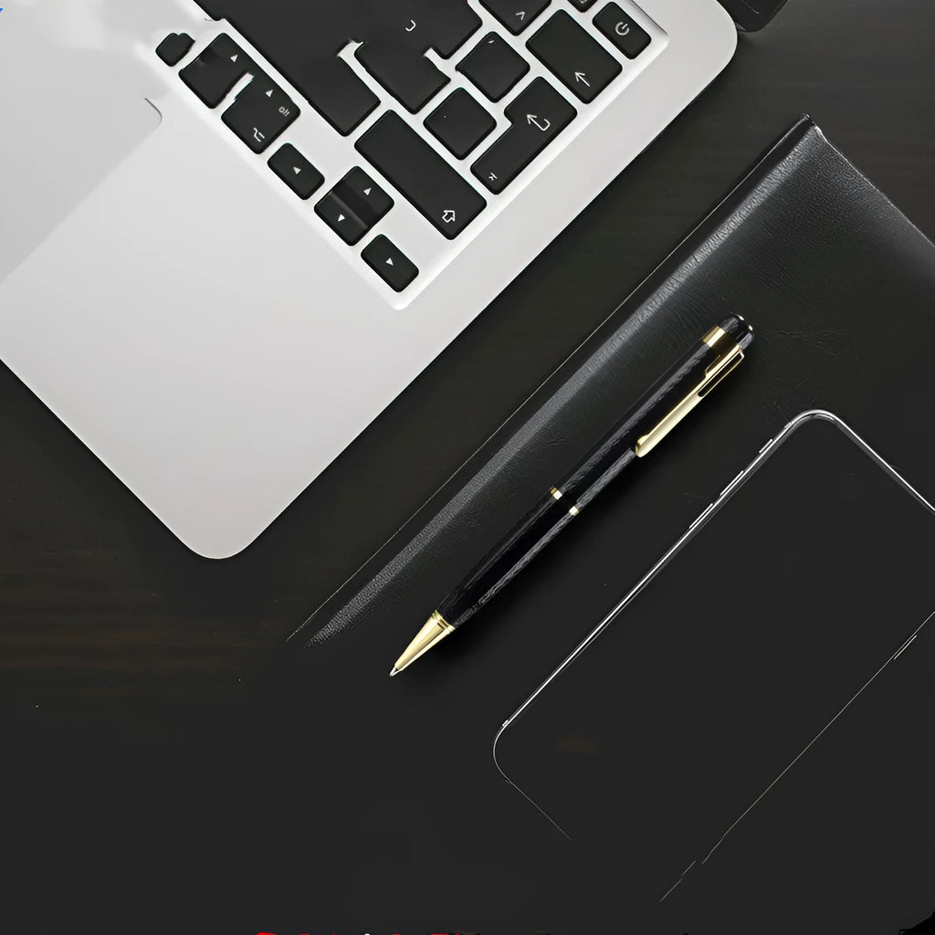 Black pen shaped audio recorder with zinc alloy shell shown next to included headset and USB data cable.