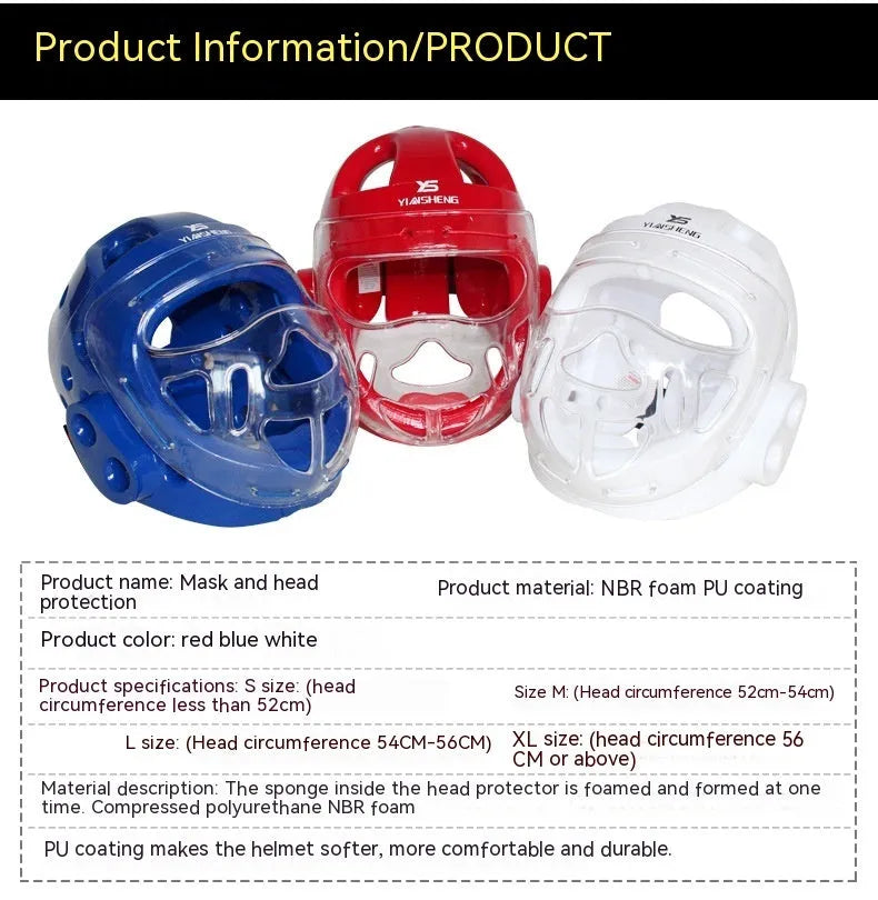 White, blue, and red karate boxing helmet headgear in sizes S, M, L, XL for head protection.