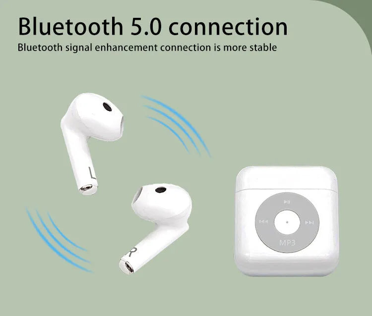 White wireless Bluetooth semi in-ear earphones with a matching charging case on a white background.