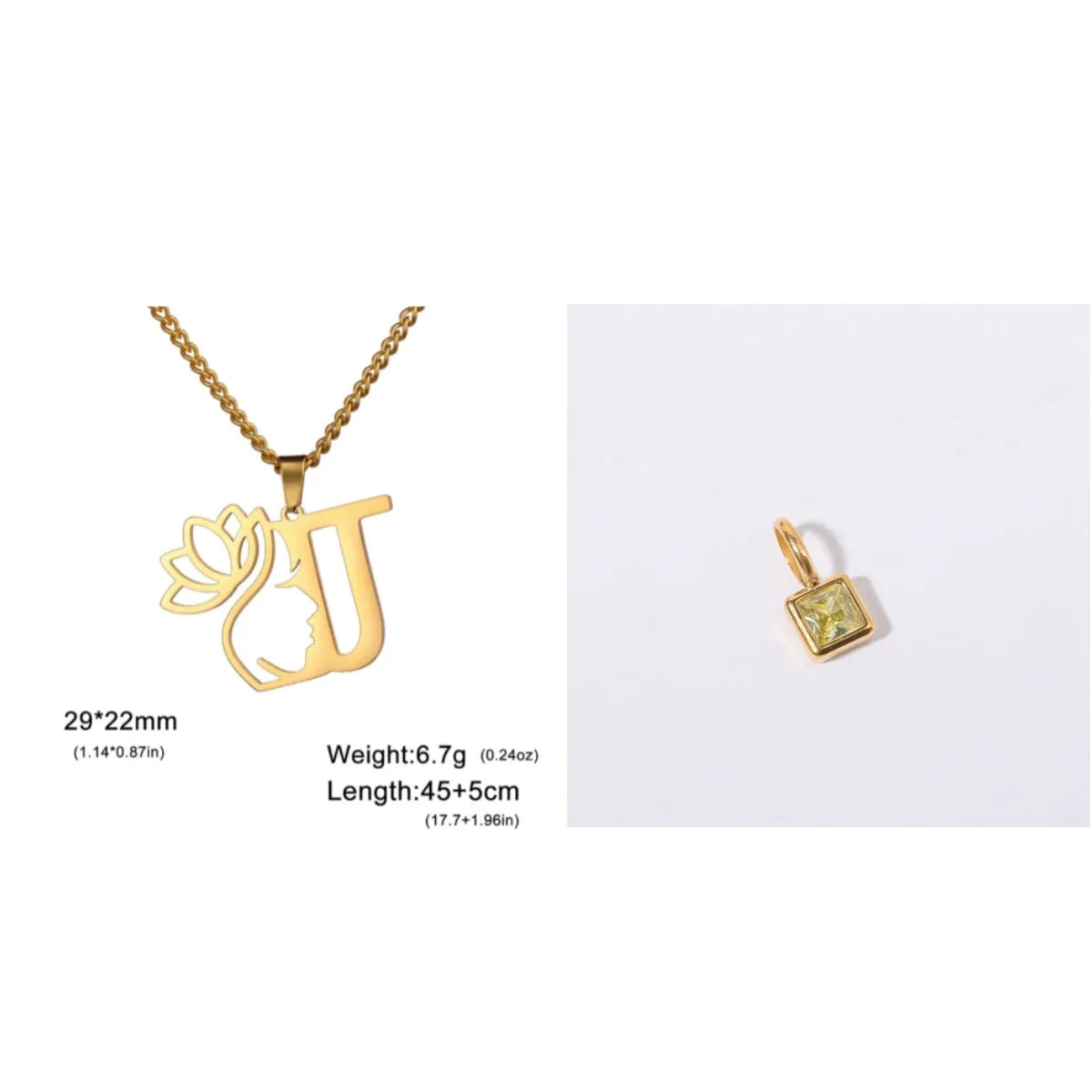 Stainless steel necklace with cross chain and a single letter pendant in gold or silver finish.
