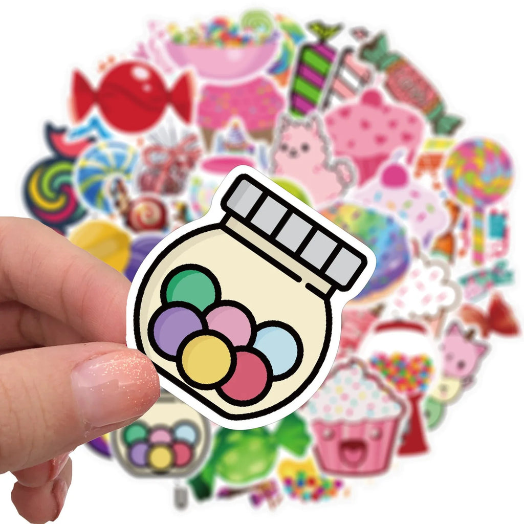 50 colourful candy graffiti adhesive stickers with cartoon designs measuring 4-6cm