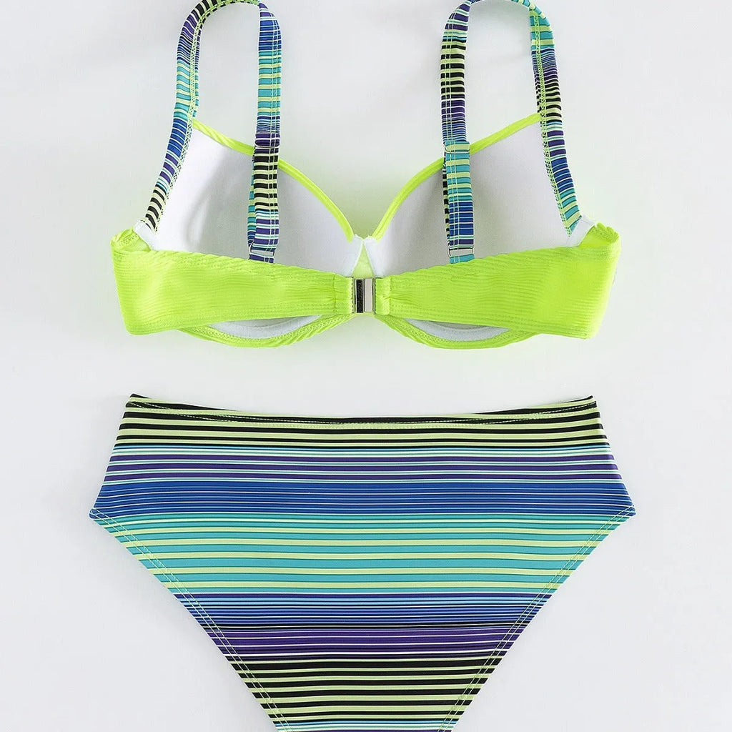 Green printed women's halter bikini set with brief bottoms showing front view