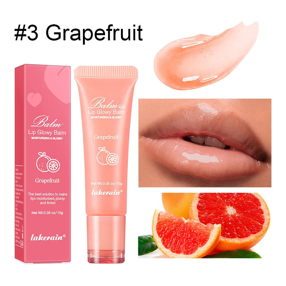 Women's lip gloss in four flavour varieties: yellow peach, berry, pomelo, and grape