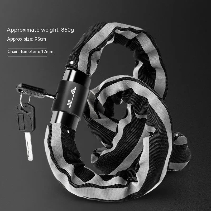 95cm black zinc alloy mountain bike chain lock with anti hydraulic shear protection shown securing bicycle frame