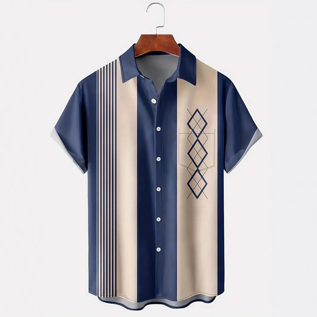 Man wearing a loose-fit contrast plaid short sleeve shirt in cardigan style.