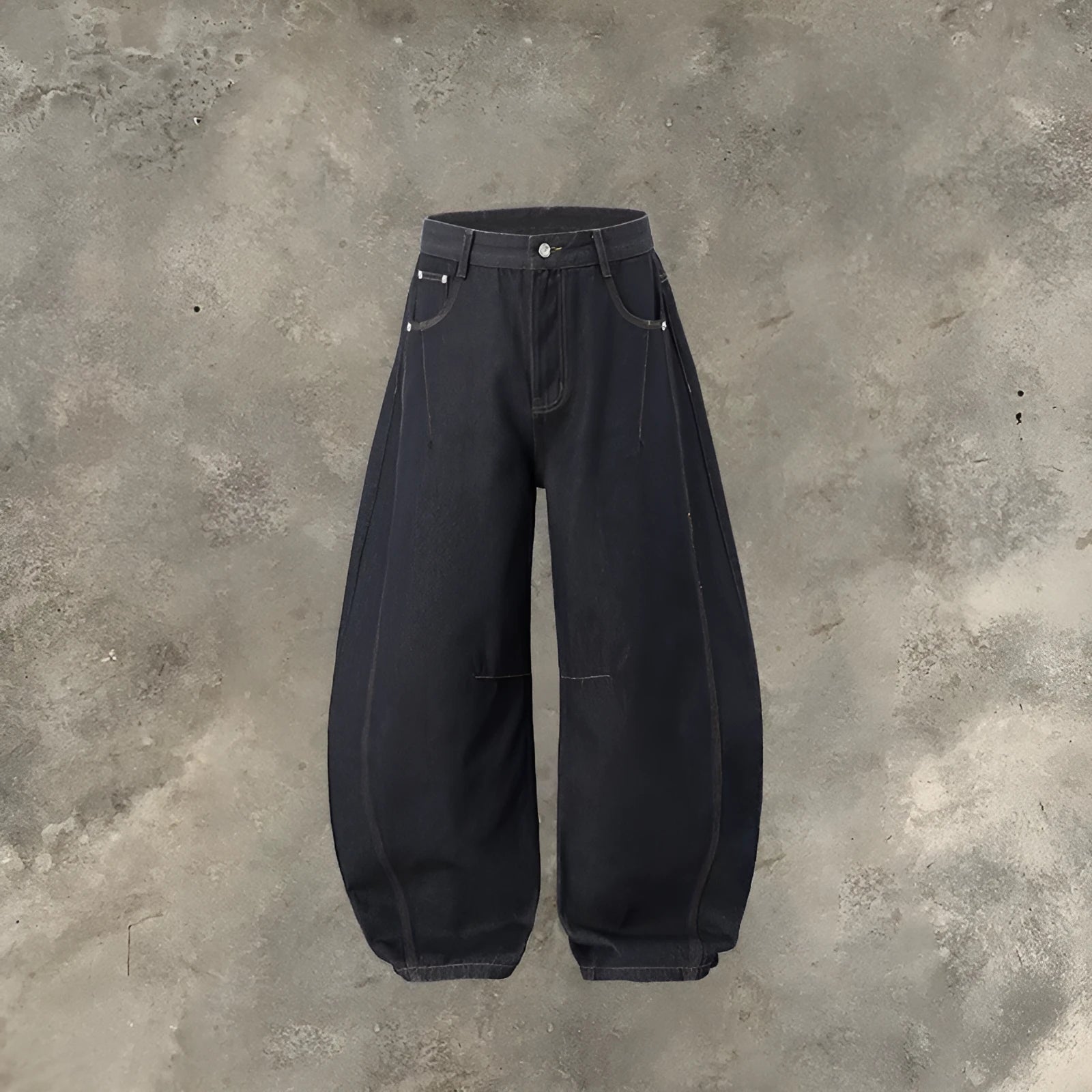 Men's original cow colour wide leg denim trousers with a mid-waist, laid flat.