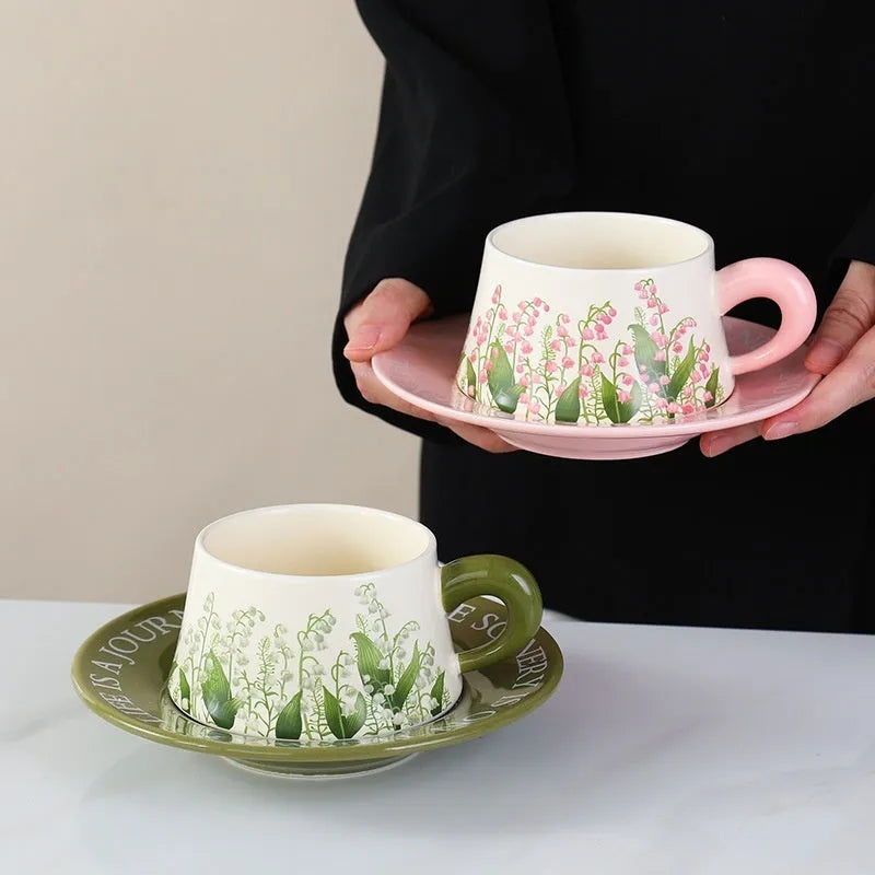Ceramic coffee cup and saucer set for couples with stirring spoons in Campanula or Lanling Grass designs
