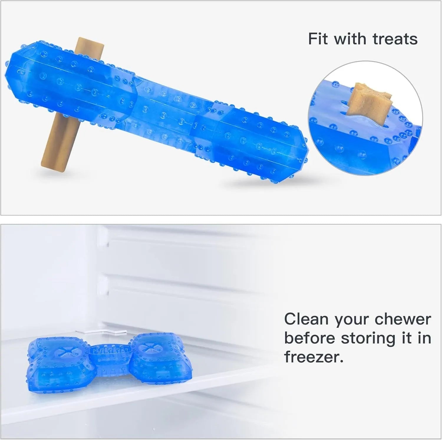 Freezable cooling chew toy for dogs in bone and circle shapes for teething relief