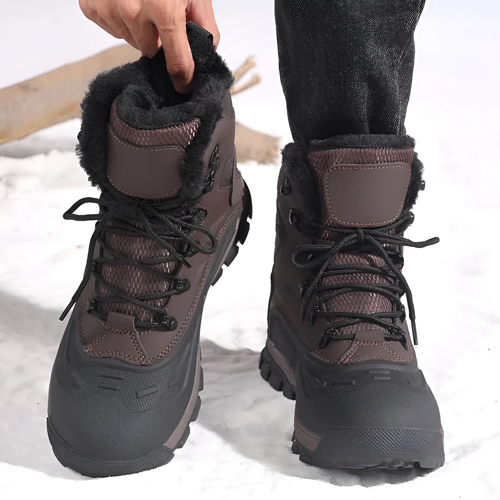 Men's black plus size high-top boots with fleece lining, flat heel, and lace-up front.