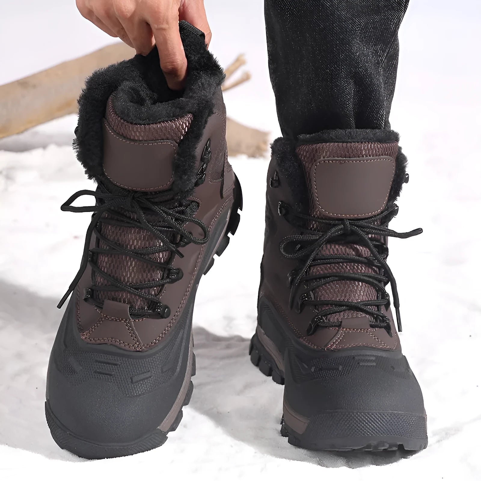 Men's black plus size high-top boots with fleece lining, flat heel, and lace-up front.