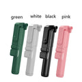 Black aluminium alloy Bluetooth selfie stick with extended tripod legs and a phone attached to the 360-degree rotating holder.