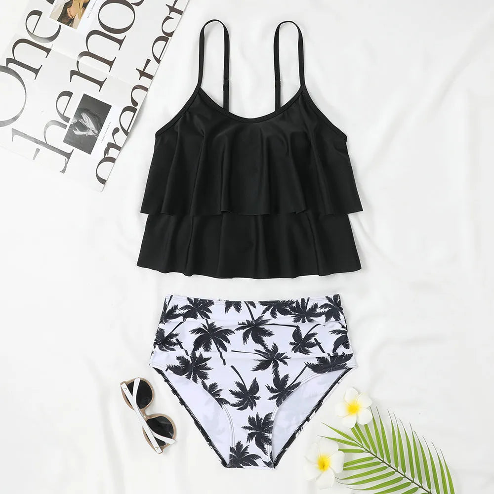 Women's high waist swimsuit bikini set in black and coconut tree print pattern.