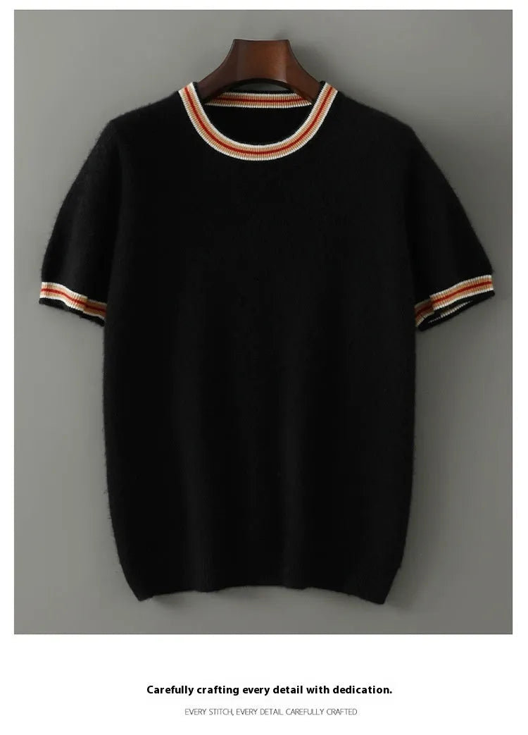 Men's pure wool short sleeve round neck sweater in black, grey or white colours