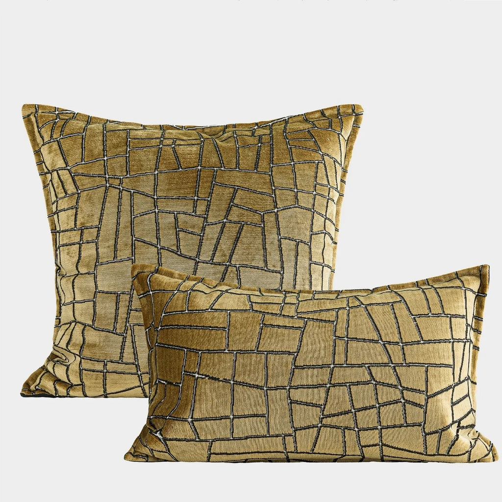 Geometric abstract pattern cushion cover in gold colour on polyester feather velvet fabric
