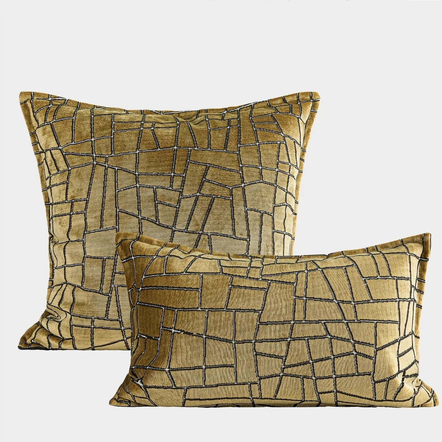 Geometric abstract pattern cushion cover in gold colour on polyester feather velvet fabric