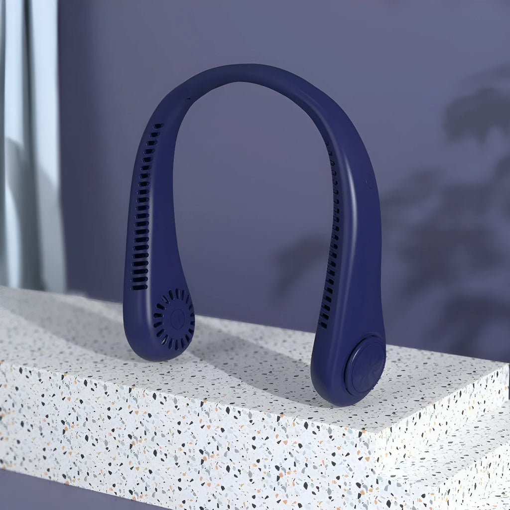 Blue bladeless neck fan with USB charging port and adjustable speed controls