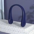 Blue bladeless neck fan with USB charging port and adjustable speed controls