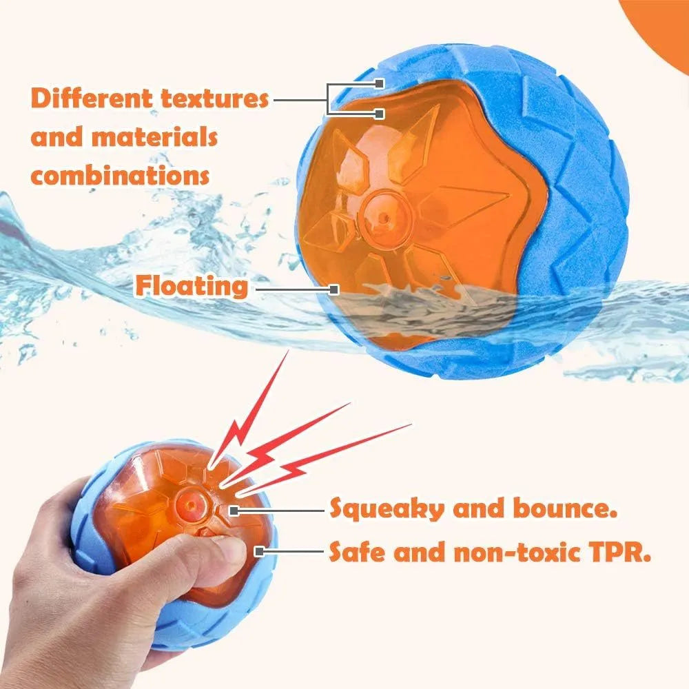 Set of three TPR dog toys: a squeaky ball, barbell and floating tires for water fetch.
