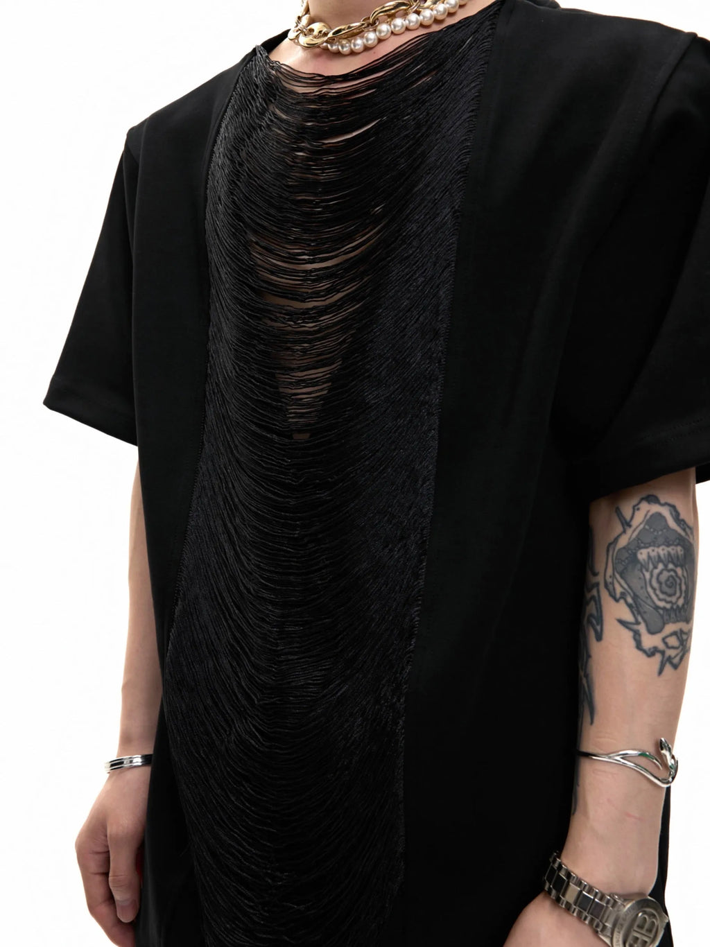 Men's black hollow-out V-neck T-shirt with loose fit and three-dimensional cutting