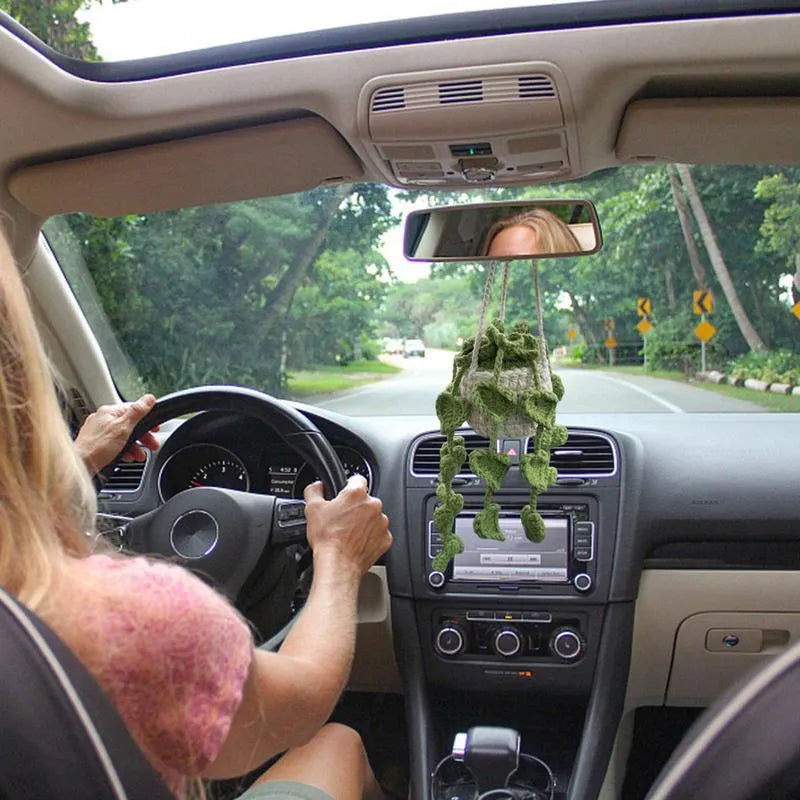 Green and white crochet car plant ornament with 25cm white hanging rope on 8cm basin base