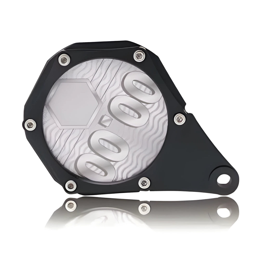 Black carbon fibre pattern motorcycle tax seal with metal alloy body and six-corner screw, 100mm by 7mm.