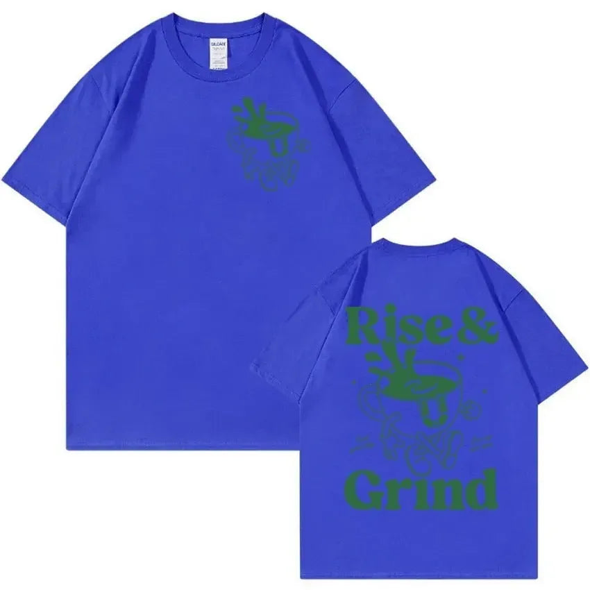 Men's loose fit light grey t-shirt with a green 'Rise and Grind' coffee cartoon print on the front.