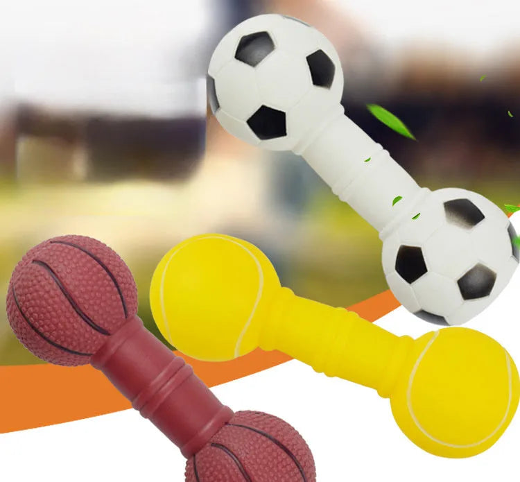 Football dumbbell shaped dog squeaky chew toy in PVC material showing brown, orange, white and yellow colour options