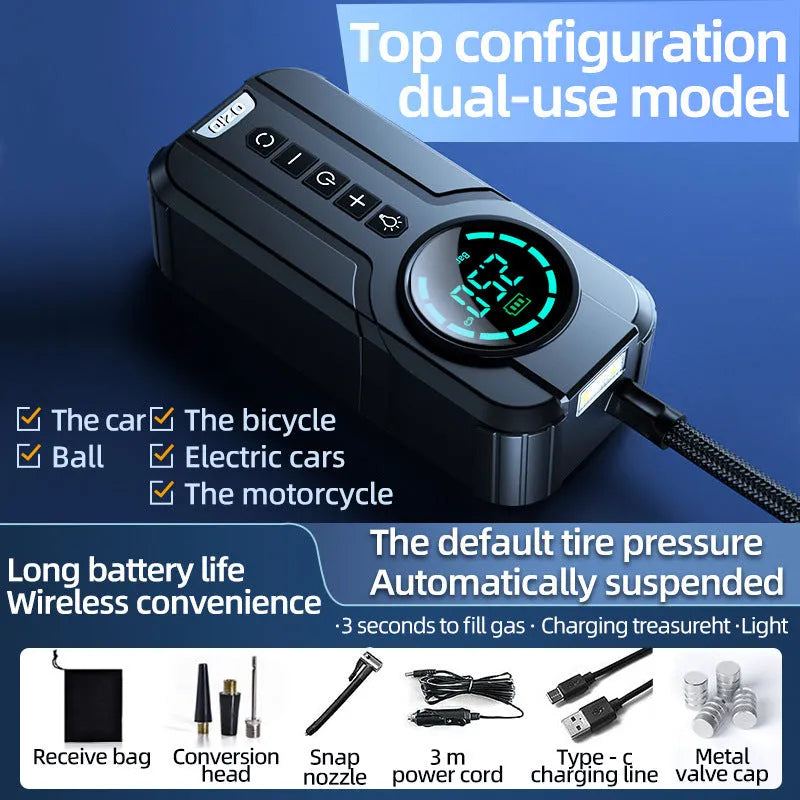 Portable wireless vehicle air pump with accessories including conversion heads and power cable