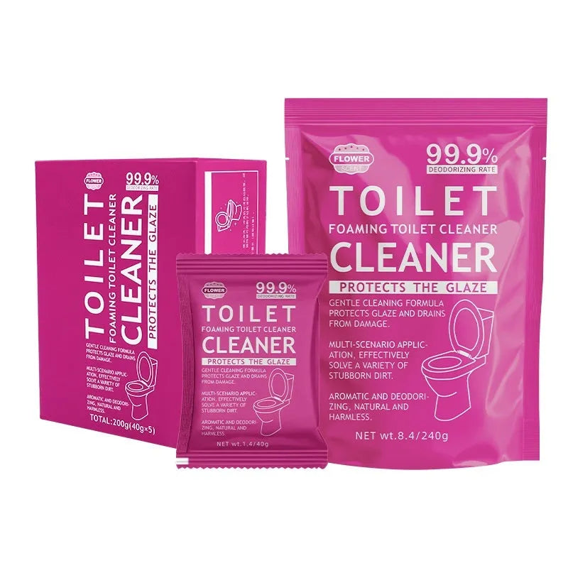 Toilet bubble powder descaling cleaner in blue ocean and pink floral fragrance, showing 240g bag and box of 5 sachets.