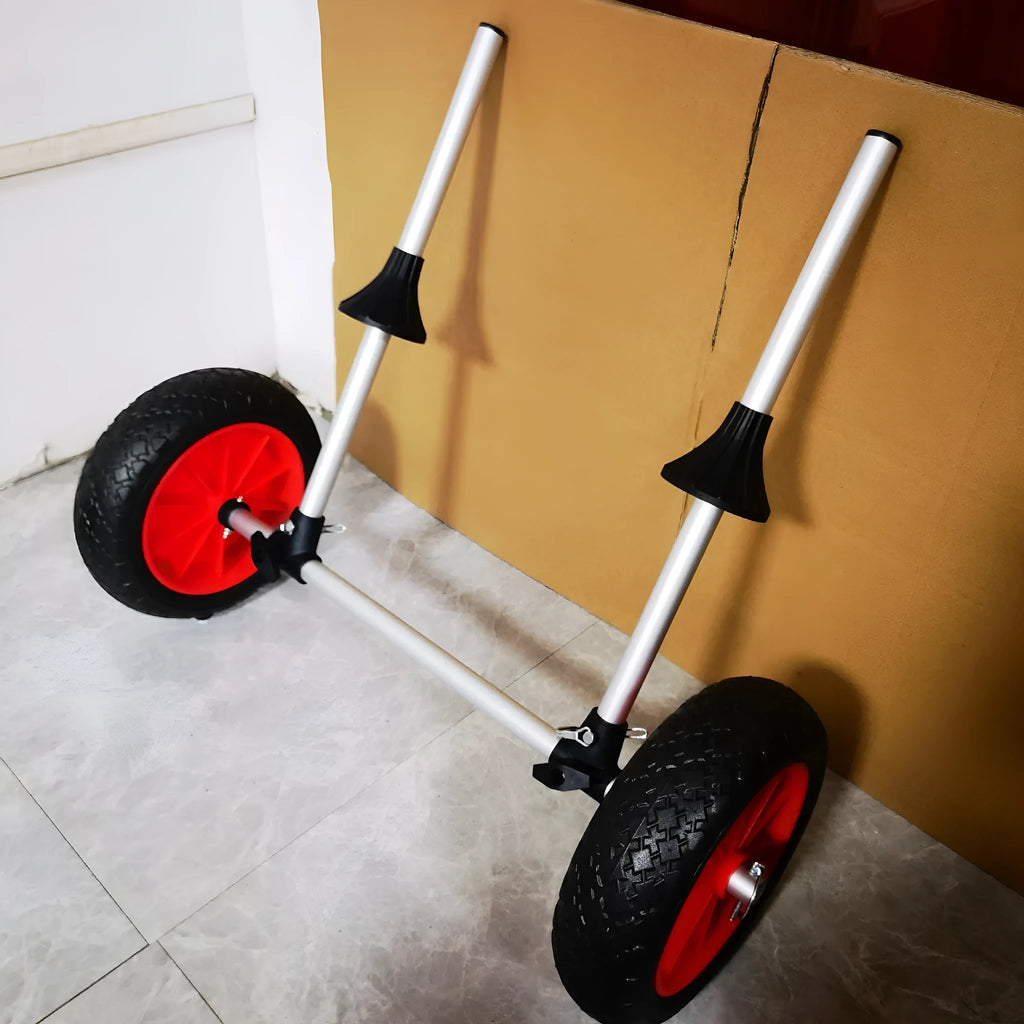 Foldable aluminium kayak beach trailer with upright poles and platform for transporting open kayaks.