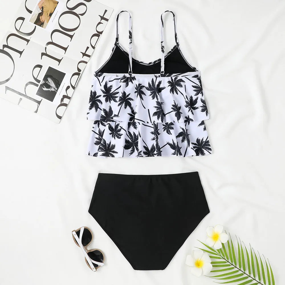 Women's high waist swimsuit bikini set in black and coconut tree print pattern.