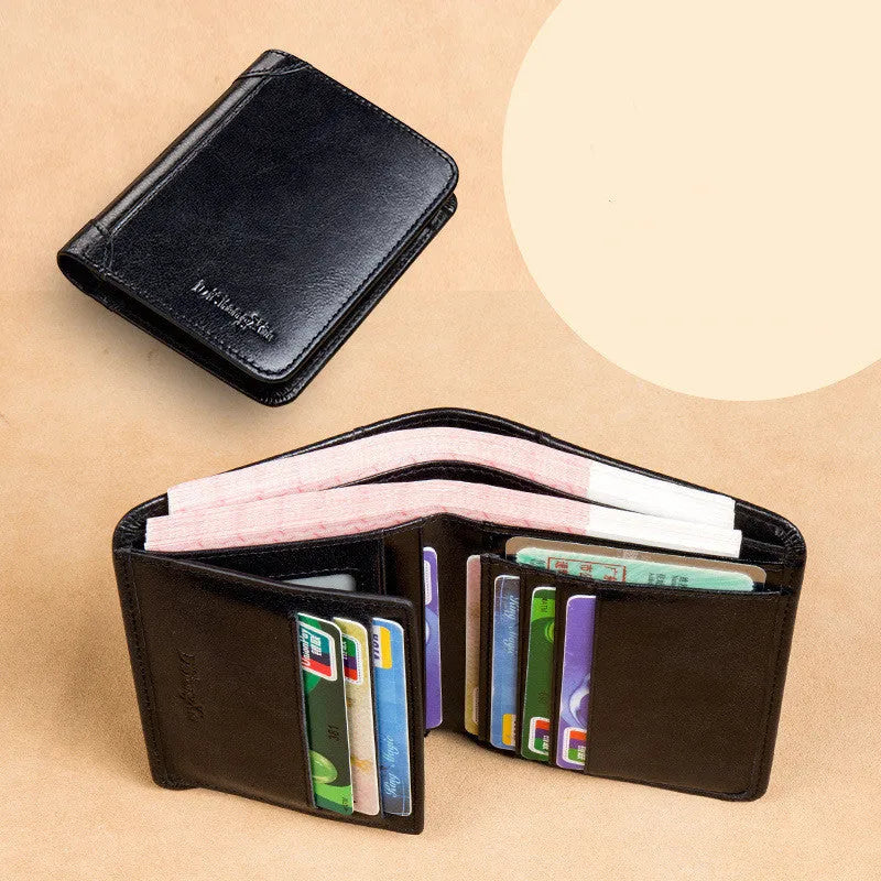 Men's leather wallet showing internal card slots, coin compartment, and document section