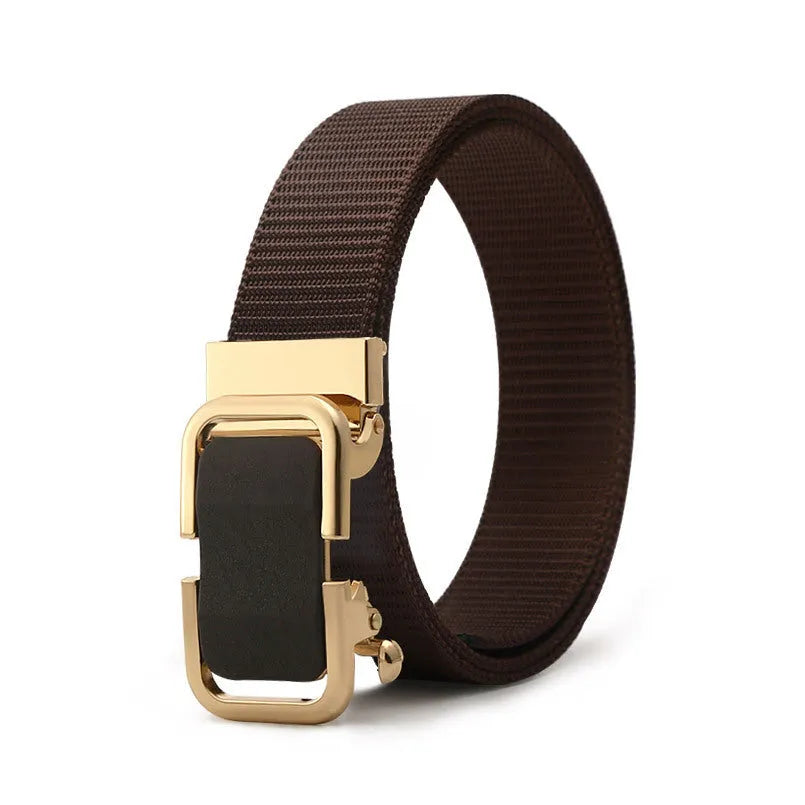 Men's nylon canvas belt with a silver toothless alloy buckle on a grey strap.