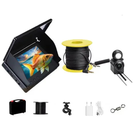 Fish finder underwater camera with 4.3-inch screen, night vision lights, and long cable on a fishing boat.