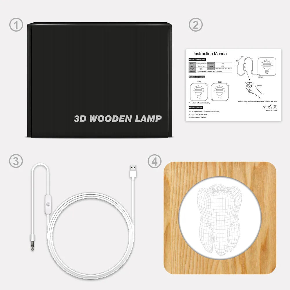 Small tooth-shaped night lamp with log color plastic finish measuring 190x190x30mm
