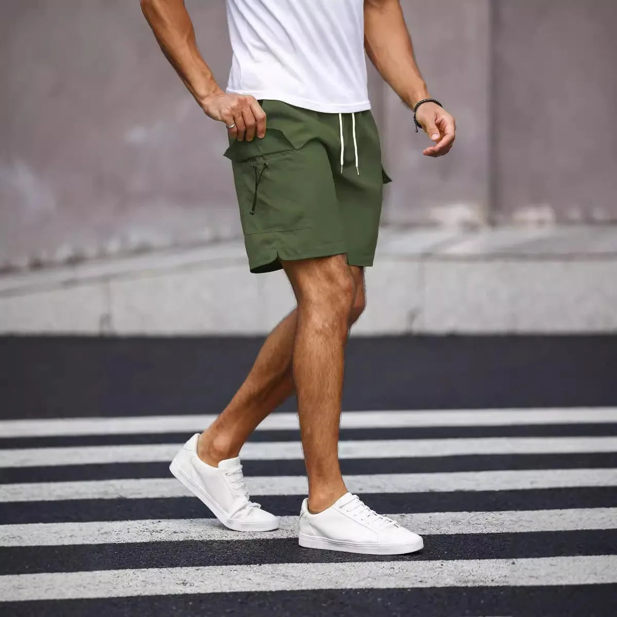 Men's loose fit work shorts in fluorescent green with straight cut design and micro-elastic fabric