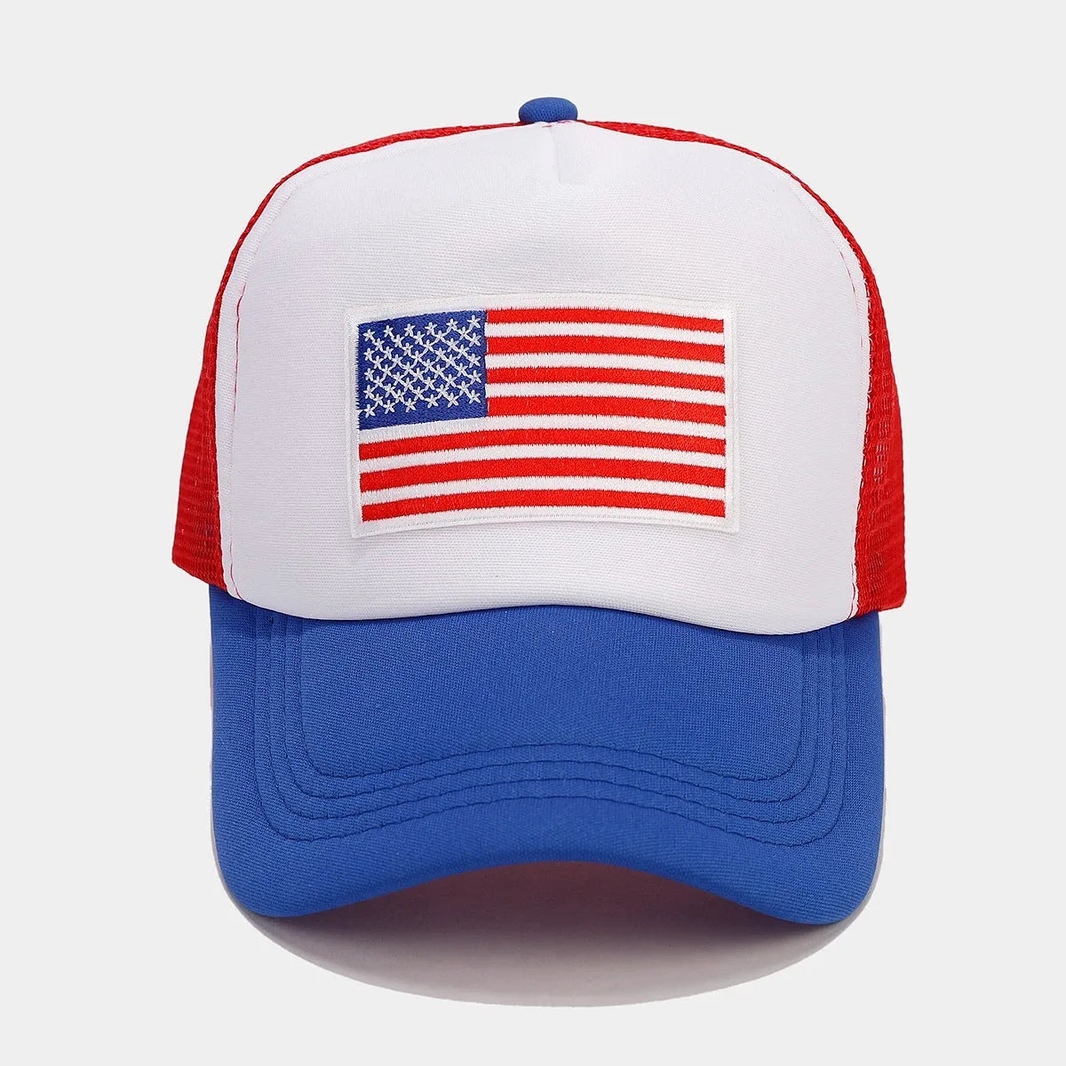 Red and blue contrast colour baseball cap with adjustable strap and mesh panels