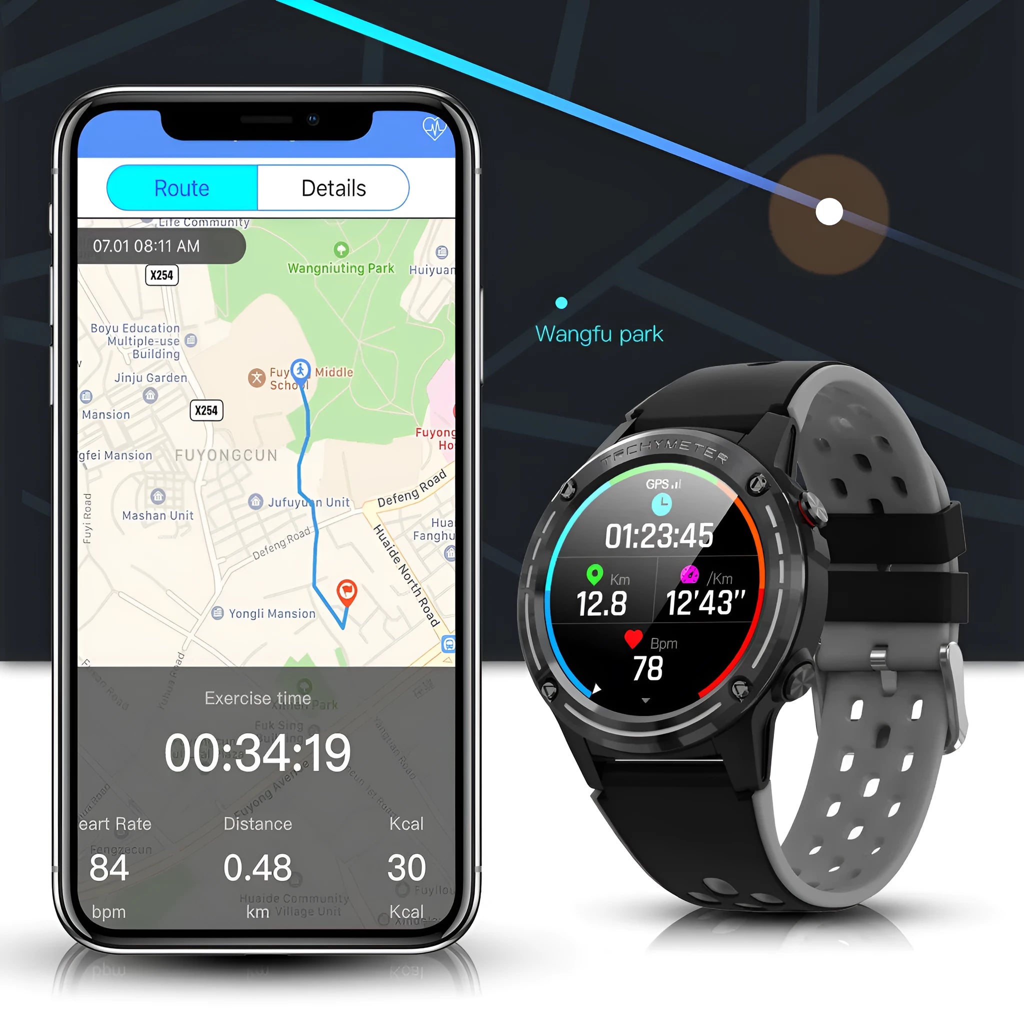 GPS smart sports watch with silicone strap in multiple colours showing 49mm dimensions