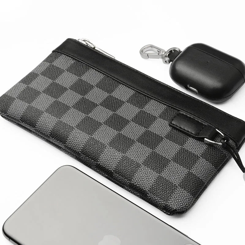 Black men's cowhide leather clutch wallet showing plaid design and 20 x 10 cm dimensions
