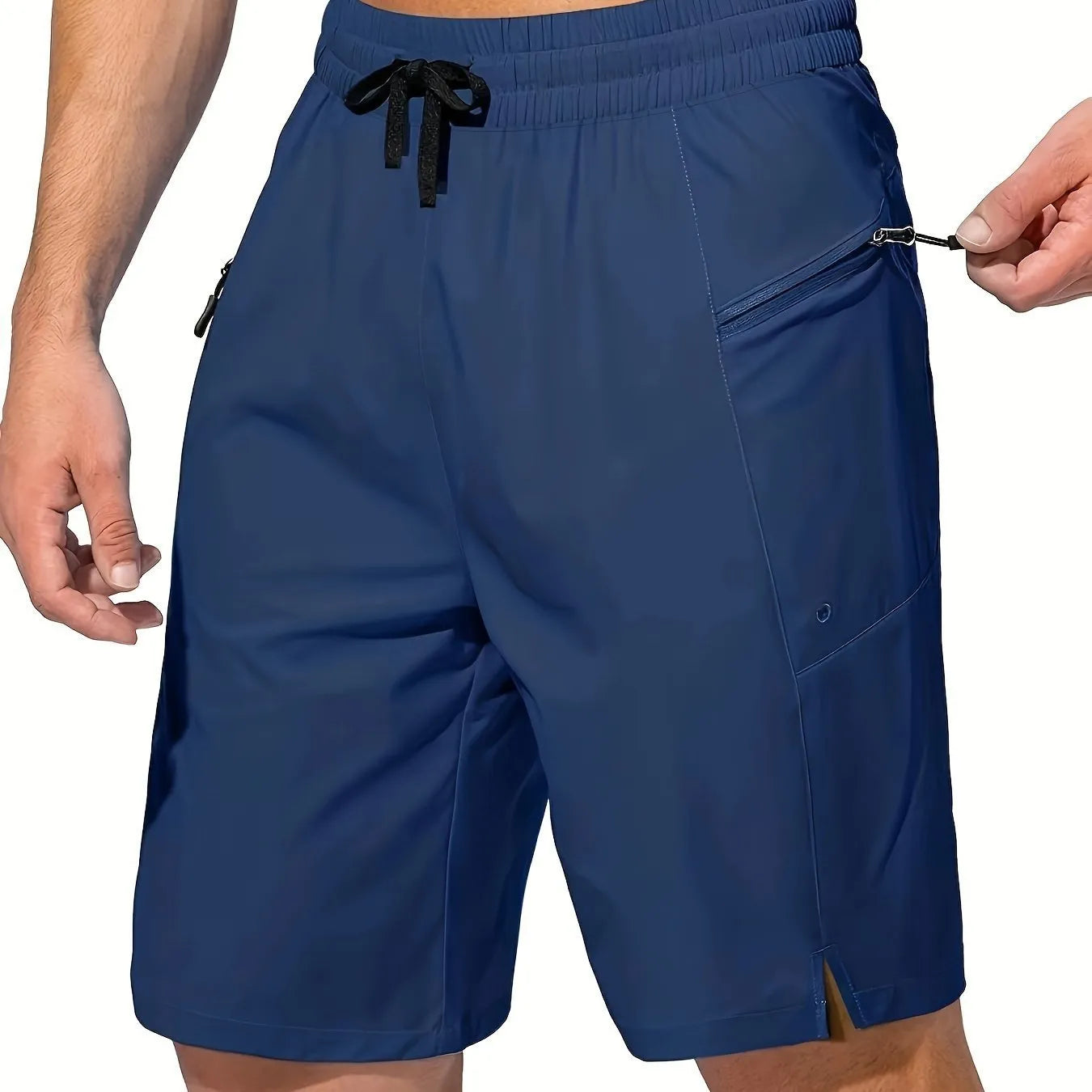Man wearing solid grey quick-drying polyester beach shorts with a straight leg design.