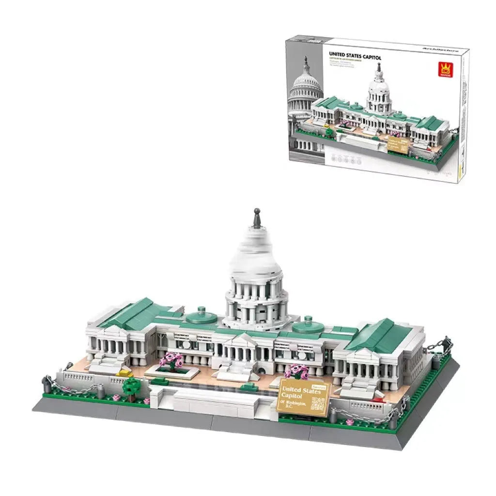 Wange plastic building block set with over 800 pieces for constructing landmark models including Big Ben and the Statue of Liberty.