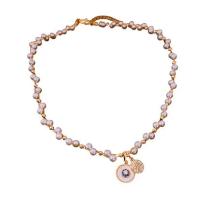 Real gold electroplated zircon pearl pendant necklace with round geometry design on adjustable clavicle chain