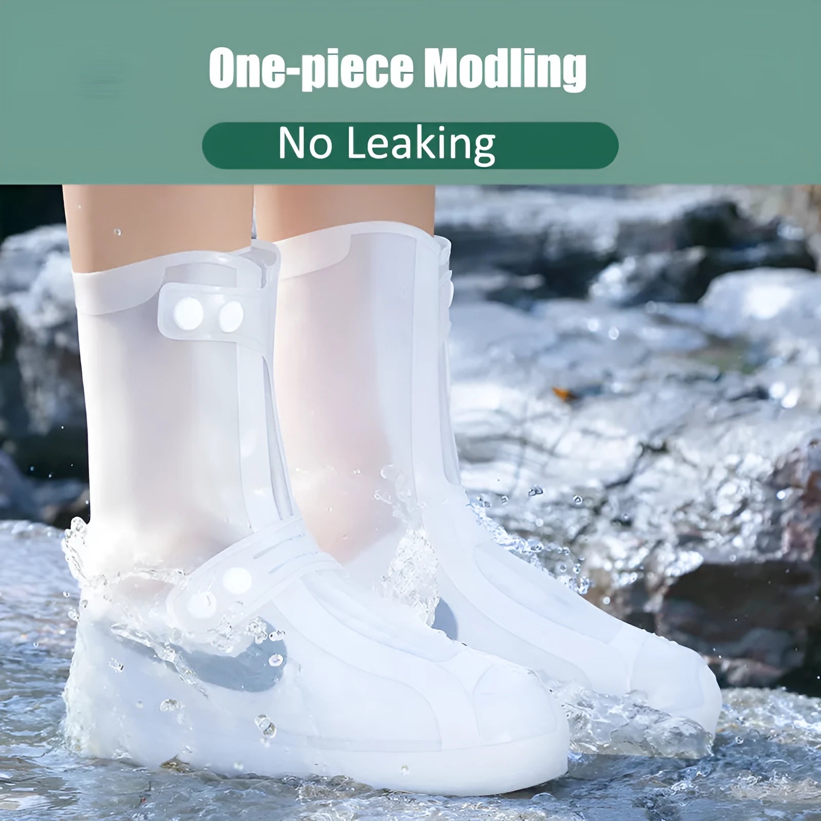 Women's white PVC high-top waterproof shoe covers with anti-skid soles for rainy day outdoor use
